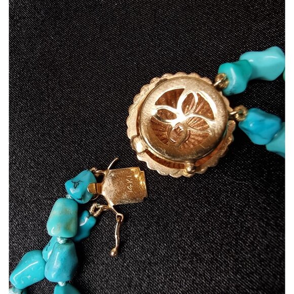 Vintage 14K Solid Gold Genuine Turquoise Two-Strand Necklace With Shell Clasp - Picture 5 of 5